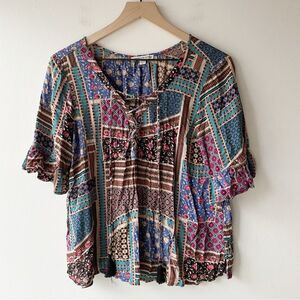 american eagle boho patchwork lace up ruffle sleeve top size s small
